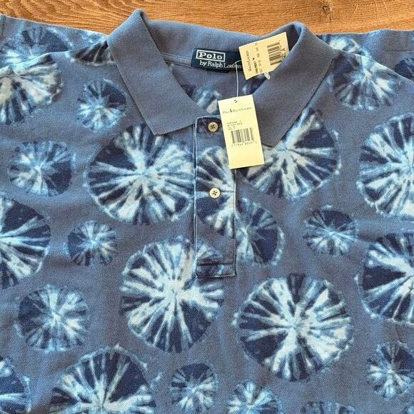 Vintage 1990s Polo Ralph Lauren Indigo Tie Dye Pattern Print Polo Shirt NWT 2XLT - Picture 1 of 4